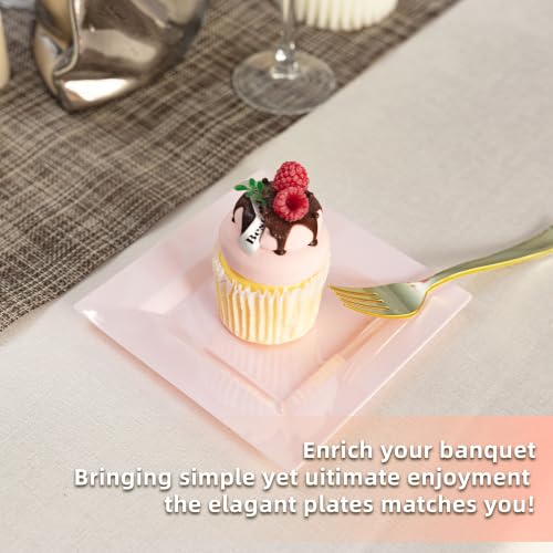 100 Pack Pink Plastic Square Dessert Plates, 6.5" Disposable Salad Plates - color: Pink