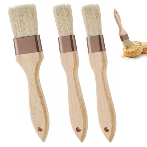 3 Pcs Natural Bristle Pastry Brush, Basting Brush for Baking and Grilling, Heat Resistant Cooking Brush for Butter, Oil and Marinade