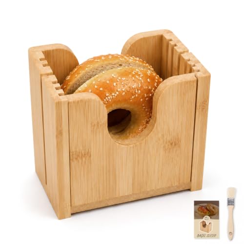 Bamboo Bagel Slicer for Homemade Bread, Wooden Bread Cutting Guide with Cleaning Brush, Safe Bagel Cutter for Bagels, Muffins, Rolls and Small Bread Loaves