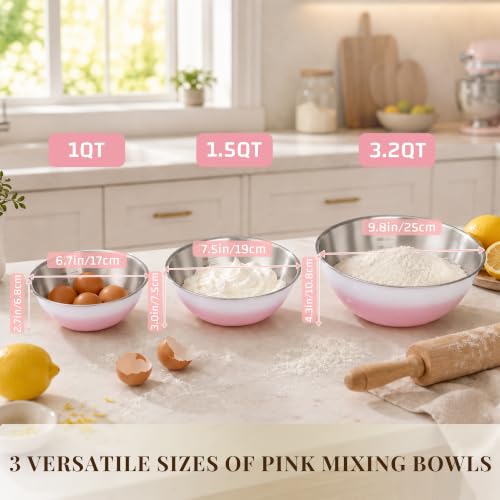 Pink Gradient Mixing Bowls with Measurements, 3-Piece Set - color: Pink Gradient