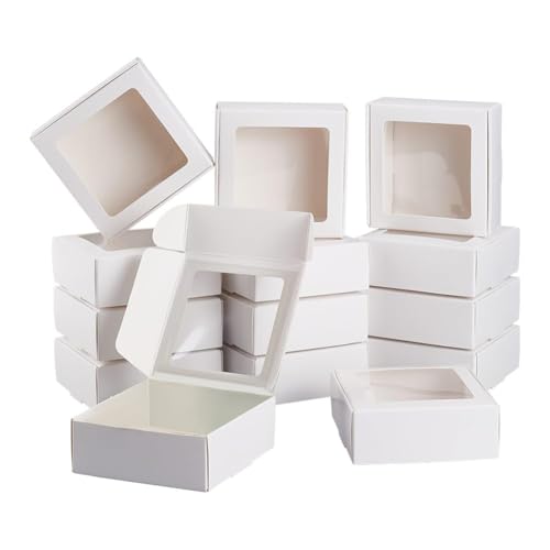 BENECREAT 20Pcs Cardstock Boxes with Clear Window, 3.7x3.7x1.4inch, White - color: White, size: 3.6x3.6x1.4 Inch (Pack of 20)