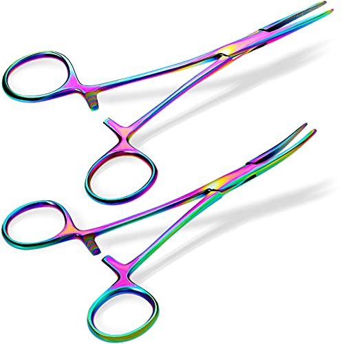 BBTO 2 Pcs Hemostat Forceps Curved Straight, Piercing Pliers,Colorful - color: Colorful