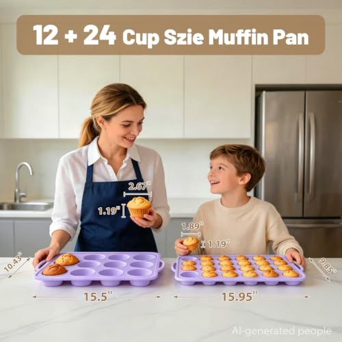 Silicone Muffin Pan Set: Non Stick 12 & 24 Silicone Muffin Pans for Baking - color: Purple, size: Regular & Mini: 12 Cup & 24 Cup