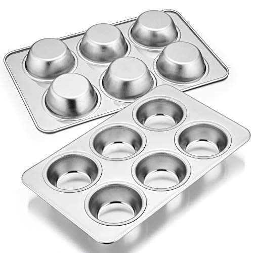 E-far Stainless Steel Muffin Pan Set of 2, 6-Cup Cupcake Tin for Baking