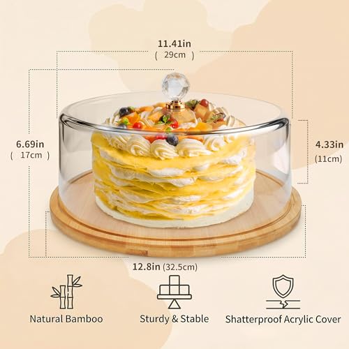 Cake Stand with Lid 12.8in Bamboo Cake Plate with Dome Cover Cake Display Server Tray Holder for Birthday Party Kitchen Weddings Baking Gifts