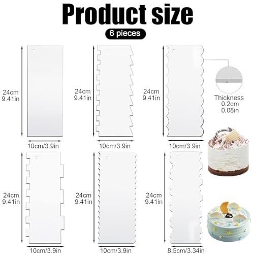 6 Pcs Acrylic Cake Scraper, 9.4 In Clear Cake Smoother Professional A Set DIY Cake Icing Frosting Buttercream Cream Decorating Comb for Pastry Cutter, Easy Cake Decor