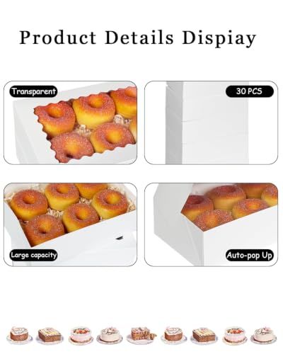 qiqee Auto-pop up 9x6x2.5 Inch White Cookie Box with Window 30Pcs Pastry Macaron Bakery Box for Packaging - color: 9x6x2.5, 30Pcs, White
