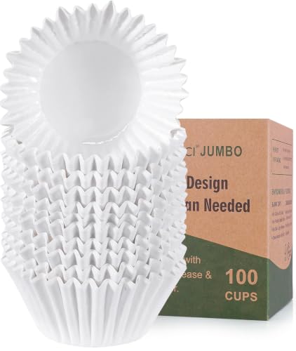 Caperci Heavy Duty Jumbo Cupcake Muffin Liners for Baking - Extra Large 100pcs Grease-Resistant White Paper Baking Cups, No Muffin Pan Needed, Odorless, Easily Peels (White) - color: White
