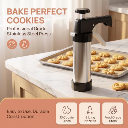 22-Piece Stainless Steel Cookie Press Set, 13 Discs & 8 Piping Tips - color: Black