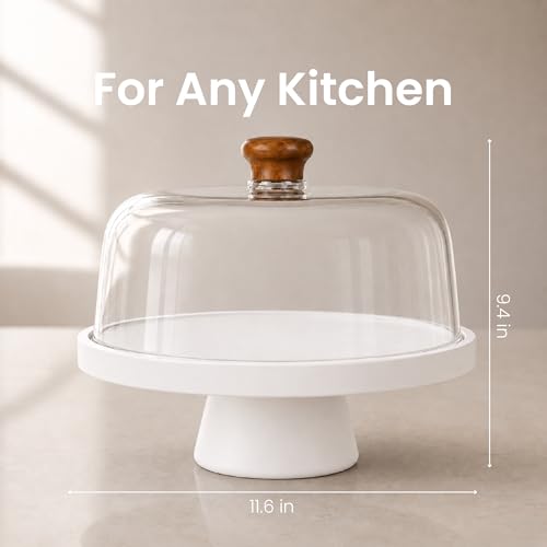 Acacia Wood Cake Stand with Lid Anti-Mold 12 Inch - 2-in-1 Wooden Charcuterie Board - Covered Dessert Plate with Acrylic Dome - Vintage Pastry Display - Tall Domed Serving Stand Platter - color: F - White