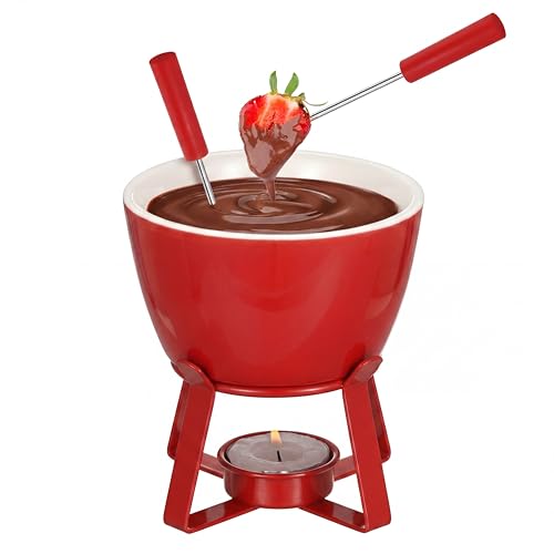 BSTKEY 320ML Ceramic Butter Warmer Set with 2 Dipping Forks, Fondue Pot Melting Pot Set, Melt Hot Pot Bowl Set for Cheese Chocolate Butter Caramel (Red) - color: Red