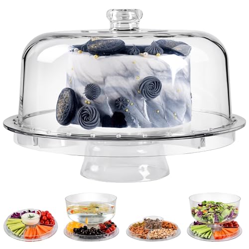 Acrylic Cake Stand with Dome Lid, 12.2 Inch 6-in-1 Clear Cake Plate Carrier with Handle, Crystal Display Holder with Cover for Birthday Parties, Weddings, Cupcakes, Fruit Platter & Home Baking Gift