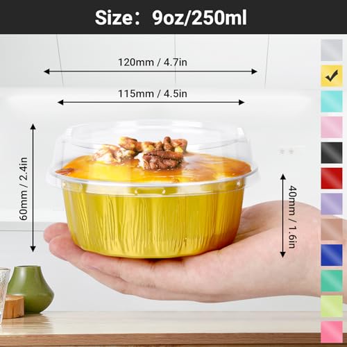 EUSOAR Cupcake Liners, 100pcs 9oz Gold Aluminum Creme Brulee Ramekins with Lids, Disposable Muffin Tins Cupcakes Baking Cups Pudding Holders Mini Brownie Cakes Pans for Wedding Birthday Theme Party - color: Gold, size: 100pcs