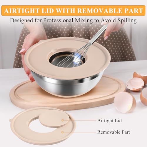 Mixing Bowls with Airtight Lids Set, Non-Slip Silicone Bottoms, Khaki - color: Khaki