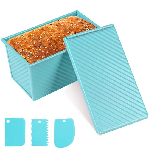 Blue Pullman Loaf Pan with Lid, Sandwich Bread Pullman Loaf Pan, 1LB Dough Capacity Rectangular Bread Pan, Non-Stick Loaf Pan with Dough Scraper Cutter for Sandwich Bread - color: Blue, size: 8.3inch