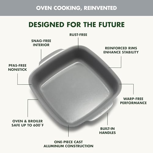 GreenPan Premiere Ovenware Healthy Ceramic Nonstick 8" Square Cake Baking Pan, Cast Aluminum Bakeware, Warp-Free, Oven and Broiler safe to 600F, Dishwasher Safe, PFAS-Free, Gray - color: Gray, size: 8" Square Cake Pan
