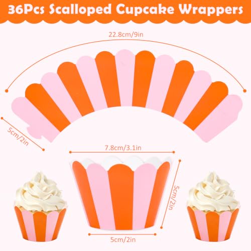 Whaline 36Pcs Pink Orange Cupcake Wrappers Stripe Scalloped Cupcake Liners Summer Decorative Baking Cups for Birthday Baby Shower Wedding Party Supplies