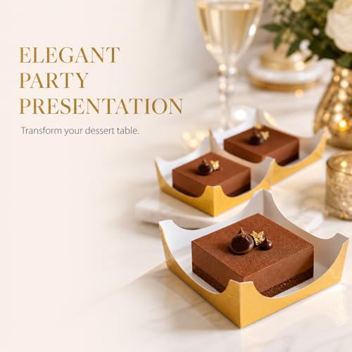 100 Pcs Square Cupcake Liners, Gold Paper Baking Cups for Muffin, Disposable Dessert Mousse Tray, Brownie Pastry Wrappers for Party Wedding