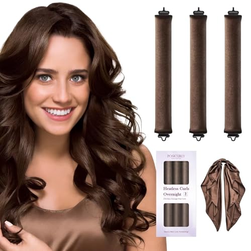 Heatless Hair Curler Overnight Curls-3 Pcs No Heat Curling Blowout Rod to Sleep In,Hair Rollers with Satin Scarf - color: Brown(Pack of 3)