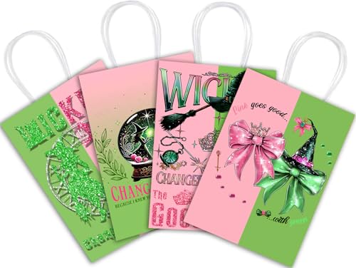 Junyaoii 16pcs Witch theme Dessert Bag, 6.3 * 3 * 8.2inch,Witch paper Bags for Candy Party Favors,Green and Pink gift Bags, Birthday Party Decorations