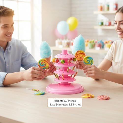 48-Hole Adjustable 4-Tier Cake Pop Stand & Lollipop Display Holder, Pink Plastic Drying Tower for Wedding Birthday Party Supplies, Candy Cotton Candy Stand Holder