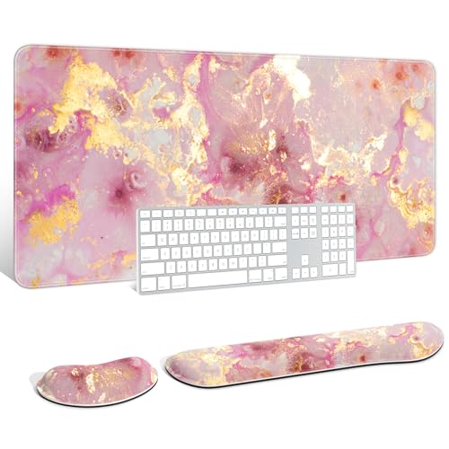 Large Mouse Pad with Wrist Rests for Keyboard & Mouse, Thick Soft Ergonomic Memory Foam Wrist Supports, Big & Long Desk Mat 35.5 x 15.7 in, for Office Gaming Computer, Pink Gold Marble - color: Pink Gold Marble