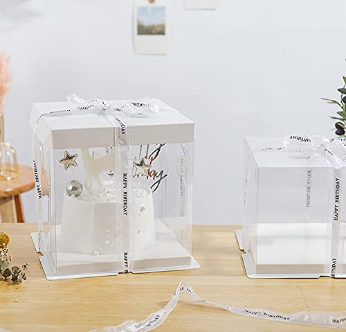 XININSUN 2Pcs Large Cake PET Clear Box, 10" X 10" X 9" with ribbon and pre-folded lid, for 8" cake packing carry, baking cookie display, Carry Tall Layer Gift, Festive Gift Box -White - color: white-10x10x9inch-2Pcs