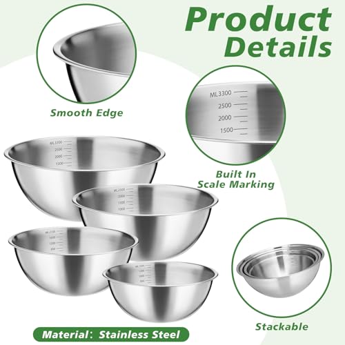 Honeydak 8 Pack Stainless Steel Mixing Bowls 1.3, 1.7, 2.6, and 3.2 Qt - size: 1.3, 1.7, 2.6, and 3.2 Qt
