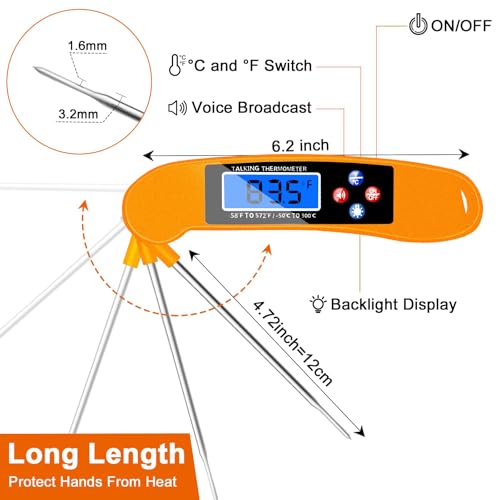 Digital Talking Thermometer for The Blind, Orange Waterproof Instant Read Food Thermometer with Talking Function and Backlight, Meat Thermometer with Probe for Cooking and Grilling, and More - color: Orange