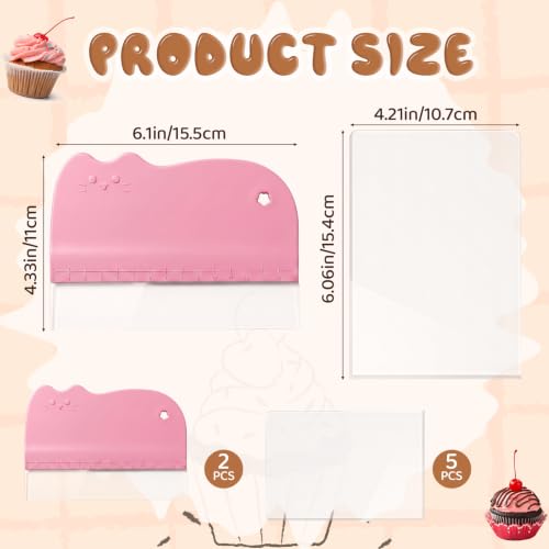 2 Pcs Cat Cake Scraper Smoother Set Flexible Plastic Cake Smoother Scraper for Buttercream Icing Cat Shaped Baking Tool for Pastry Decoration, Includes 5 Transparent Scrapers