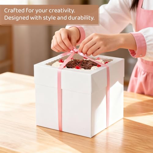 Oungg 1 Pack 10x10x10 Inches Cake Boxes with Window,Cake Boxes with 10 in Cake Boards, Cake Drum White (1-pack) for Birthdays