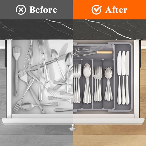 Lifewit Expandable Silverware Drawer Organizer, Kitchen Utensil Tray - color: Gray, size: Medium Wide(8.5-14''W x 12''D)