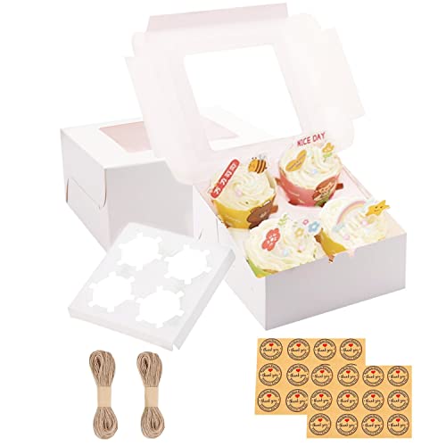 24 PCS White Cupcake Boxes with Window & Inserts, Cupcake Containers 4 Count, Bakery Boxes, Cookie Boxes 6x6x3" Cake Boxes, Pastry Boxes Muffins Treat Gift Boxes for Macaroon Pops Strawberries - color: White
