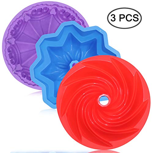 3 Pcs Silicone Cake Bread Baking Molds - Large Swirl, Castle, and Double Flower Shapes for Birthday Party DIY