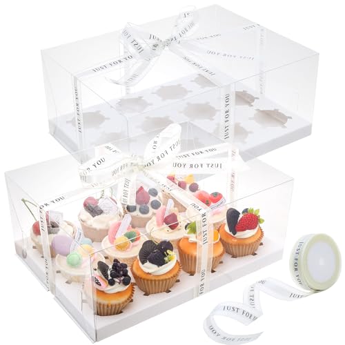 5 Pcs clear cupcake boxes with gift ribbon, 12 count cupcake container, plastic cupcake tray, suitable for desserts, cookies, muffins for Easter and Mother's Day.(White, 12 Counts/5 pcs) - size: 12 Counts/5 pcs