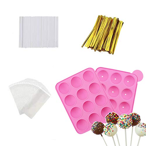 12 Capacity Silicone Lollipop Mold Set, Sucker Molds and Chocolate Hard Candy Mold with 60pcs Lollipop Sucker Sticks, Candy Treat Bags, Gold Ties. (12 Cavity Cake Pop) - style: 12 Cavity Cake pop