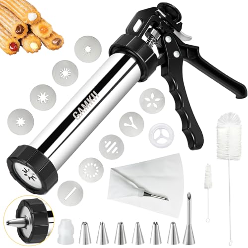 Churro Maker Stailness Steel, Cookies Press with 4 Discs for Hollow Churro,5 Cookies Discs, 6 Icing Piping Nozzle, Piping Bag, 2 Clean Brushes, Churros Gun Kit Machine for Churro