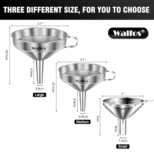 Stainless Steel Funnel, Walfos 3 Different Sizes of Kitchen funnels with 2 Removable Strainer ＆ 1Pcs Cleaning Brush, for Transferring of Liquid, Oils, Jam, Powder - color: 3pcs 5in+4in+3in Stainless Steel