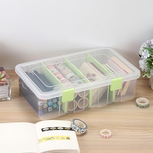 BTSKY Clear Plastic Dividing Storage Box with 4 Compartments Sewing Box - size: 13.3x8.1x3.4 Inches-Green