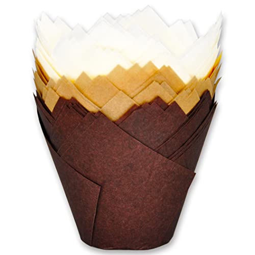 (JUMBO EXTRA LARGE size) Natural+Brown+White Tulip Baking Cups 2-1/4"(Base diameter) x 3-3/4"(Wall height) Greaseproof paper baking cupcake Muffin liners, Case of 130 pcs - color: Jumbo Brown&White&Natural