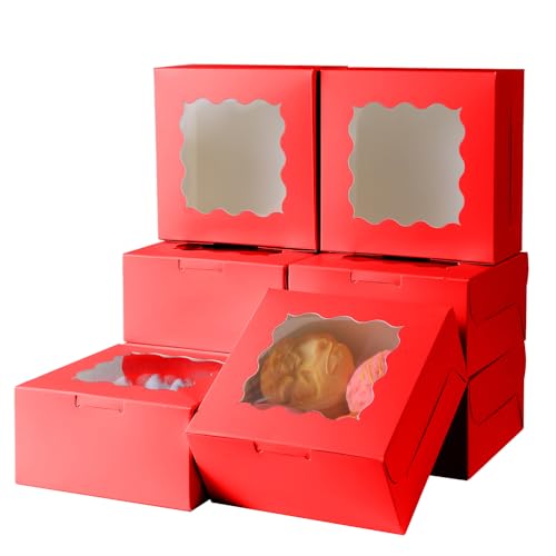 36 pcs 6x6x3 Inches Small Cake Box with Window, Bakery Pastry Cookie Boxes, Mini Pie for Pastry,Dessert,Strawberries,Chocolates, Cupcakes with paper stickers (Red) - color: Red/36pcs