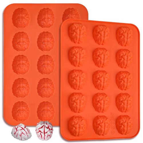 Webake Brain Chocolate Mold, Bite Size Halloween Brain Silicone Molds 15-Cavity for Halloween Plaster, Chocolate, Candy, Jello, Cupcake, Treats, Pack of 2 - style: Brain