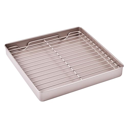 Roasting Pan with Rack, 11-Inch Non-Stick Square Shallow Dish Sheet Pan with Wire Rack for Oven Baking, BBQ and Roasting 11.2" x 11.2" x 1.3" (Champagne Gold) - size: 11 Inch