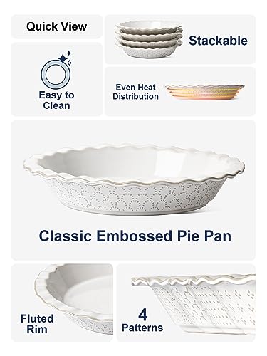 LE TAUCI Ceramic Pie Pans for Baking, 9 Inch Pie Plate for Apple Pie, Round Baking Dish, 36 OZ Deep Dish Pie Pan - Set of 1, Fireworks, Arctic White