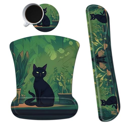 3Pcs Ergonomic Memory Foam Keyboard Wrist Rest Pad Set, Black Cat Leaf - color: Black Cat Leaf