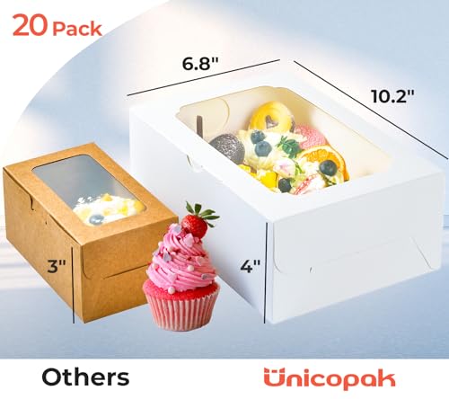 UnicoPak 20 Pack White Cupcake Boxes with Handle Tray - 4" Tall Large Muffin Boxes for 6 Cupcakes - Professional Food-Grade Cardboard Window Boxes for High Frosting, Toppers & Jumbo Treats - color: 20 pack white