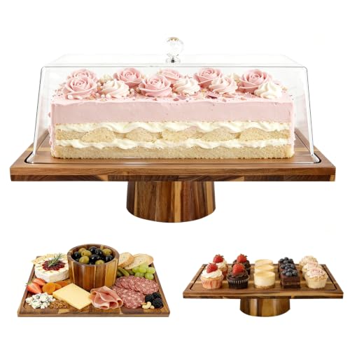 OUEST 17” Rectangular Acacia Wood Cake Stand with Shatterproof Acrylic Lid
