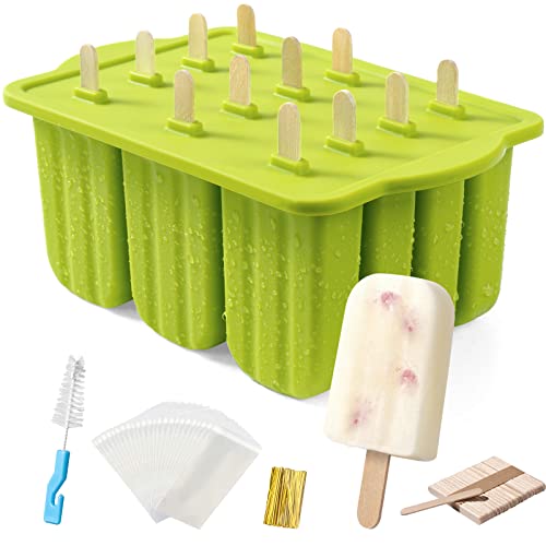 Popsicles Molds, MEETRUE 12 Pieces Silicone Popsicle Molds Easy-Release BPA-free Popsicle Maker Molds Ice Pop Molds Homemade Popsicle Ice Pop Maker with 50PCS Popsicle Sticks+Cleaning Brush - color: 12 Cavities-Green