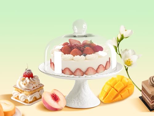 Jusalpha 12 Inches White Porcelain Cake Stand-Cupcake Stand with Glass Dome