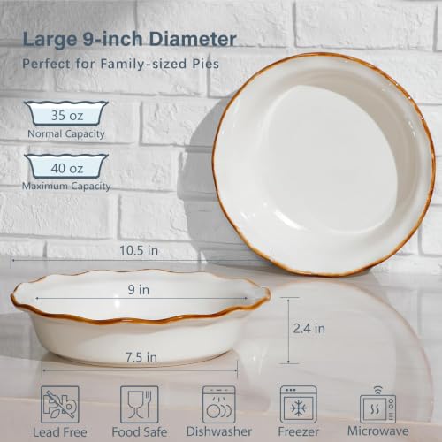 9 Inch Ceramic Pie Pan, Fluted Baking Dish with Brown Glaze Rim, Oven Safe - color: Creamy White, size: 9 inch